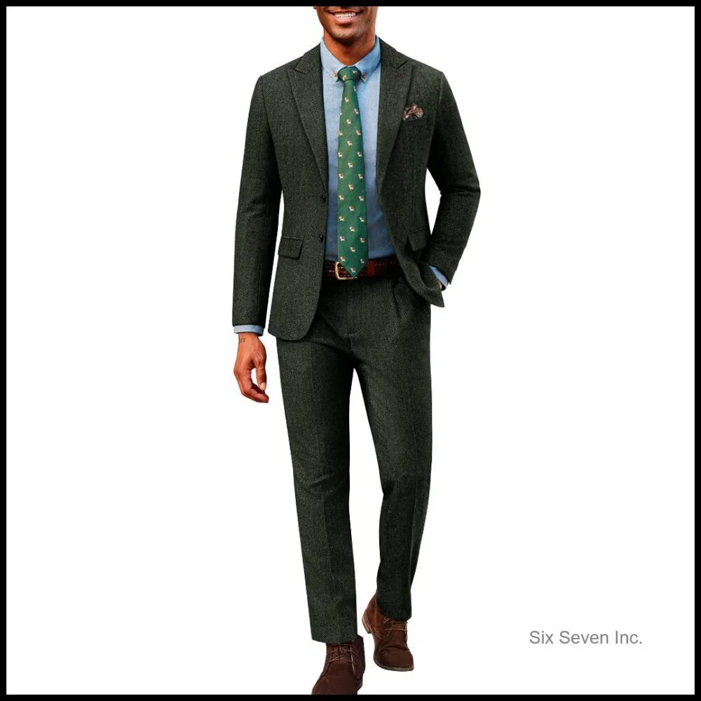 Vintage Herringbone Tweed Suit Set Classic Peak Lapel Blazer Pants Elegant